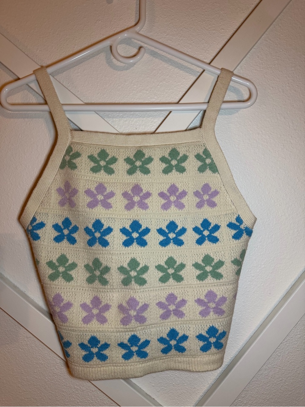 Cream Floral Knit Tank Dress with Pastel Blue & Lavender Accents